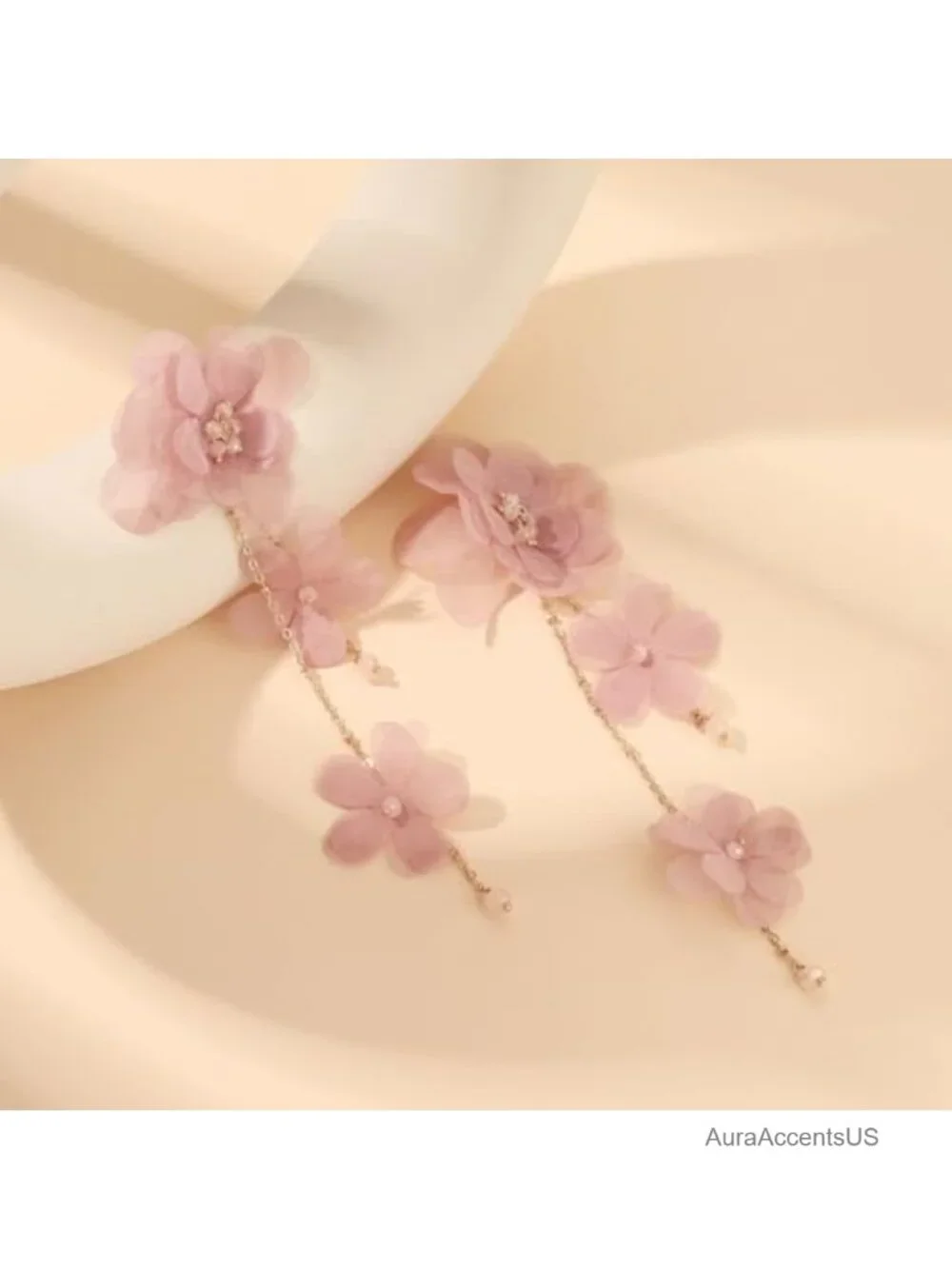 Pink Flower Tassel Earrings, Long Chain Dangle Drop, Boho Statement Jewelry for